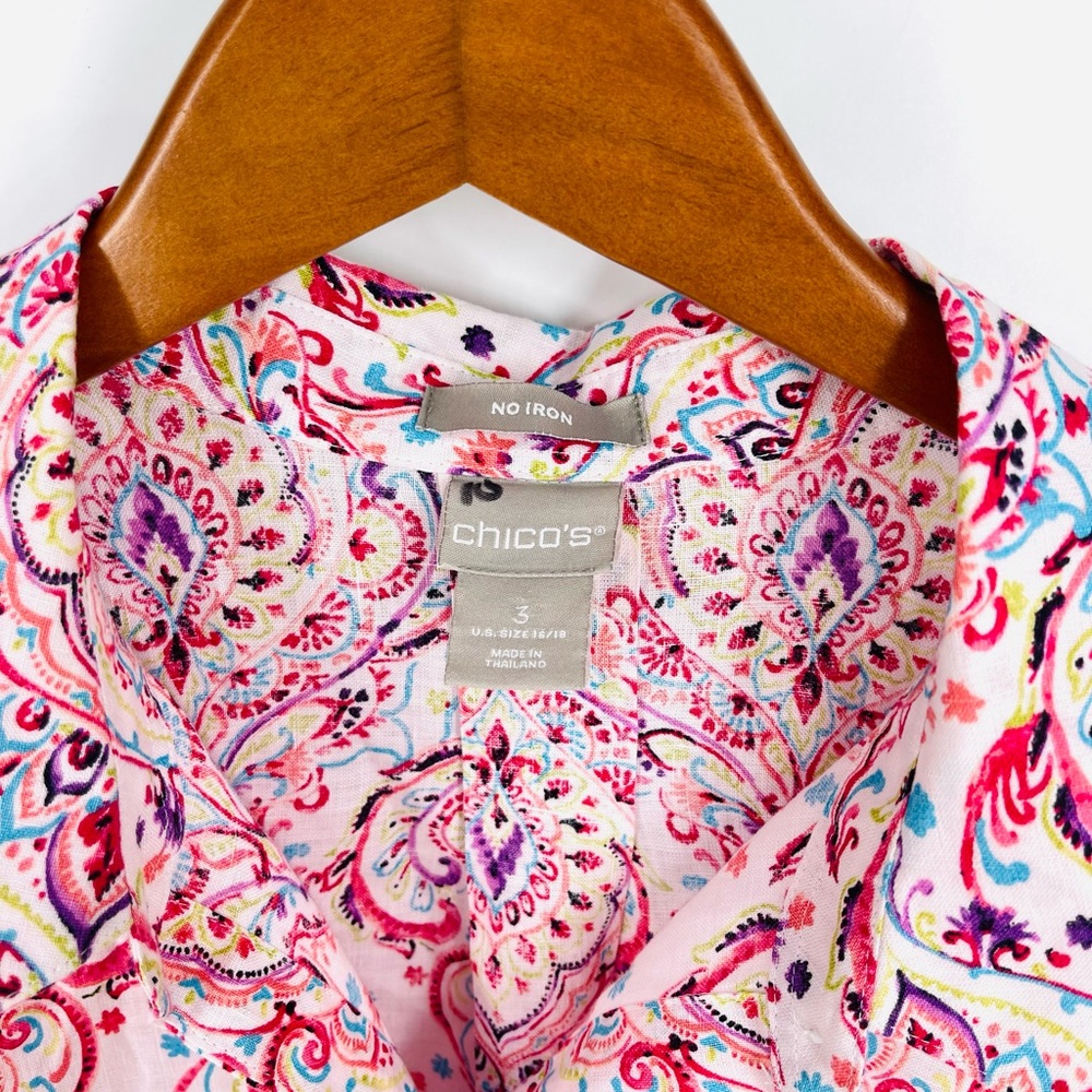 Chico’s Paisley Print No-Iron 100% Linen Tunic Top Button Shirt Size 3, XL, 1X - Picture 4 of 14